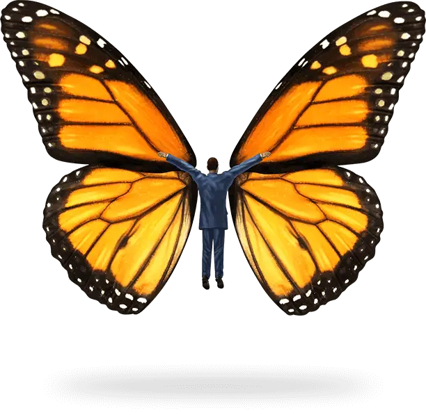 Man in a suit with butterfly wings, symbolizing transformation and innovative IT solutions.