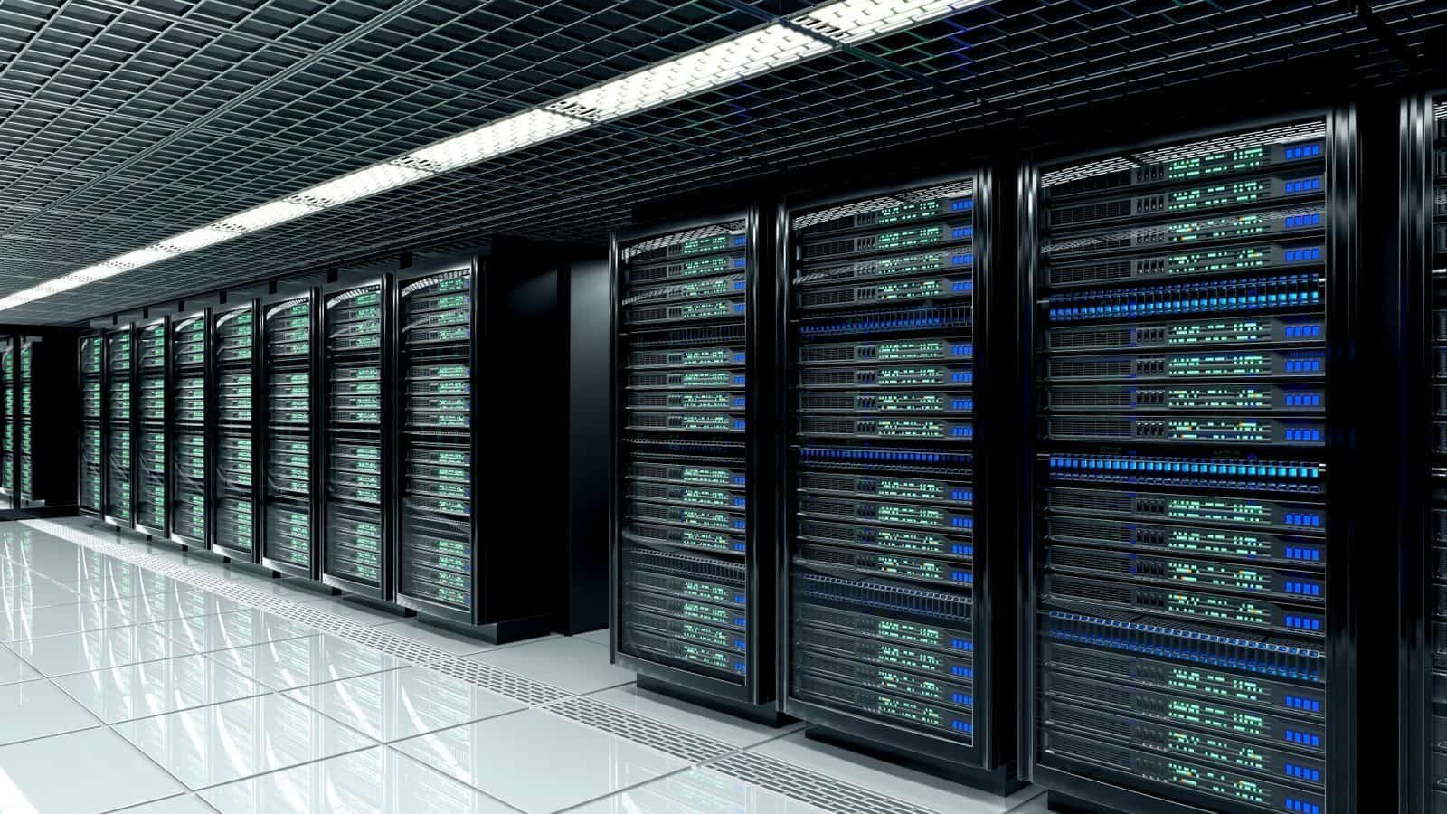 3D view of a server room data center with rows of server racks for optimal data management.